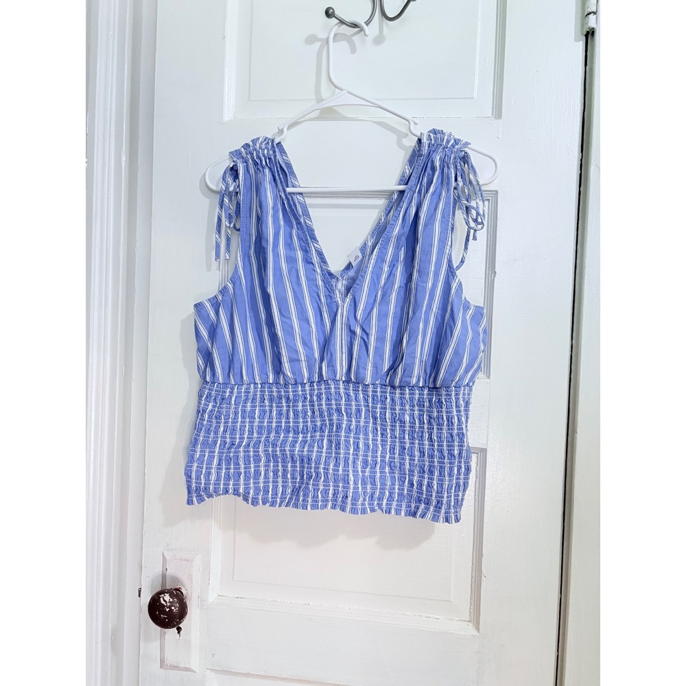 Old Navy Womens Coastal Nautical Blue White Striped Smocked V-Neck Top Large
